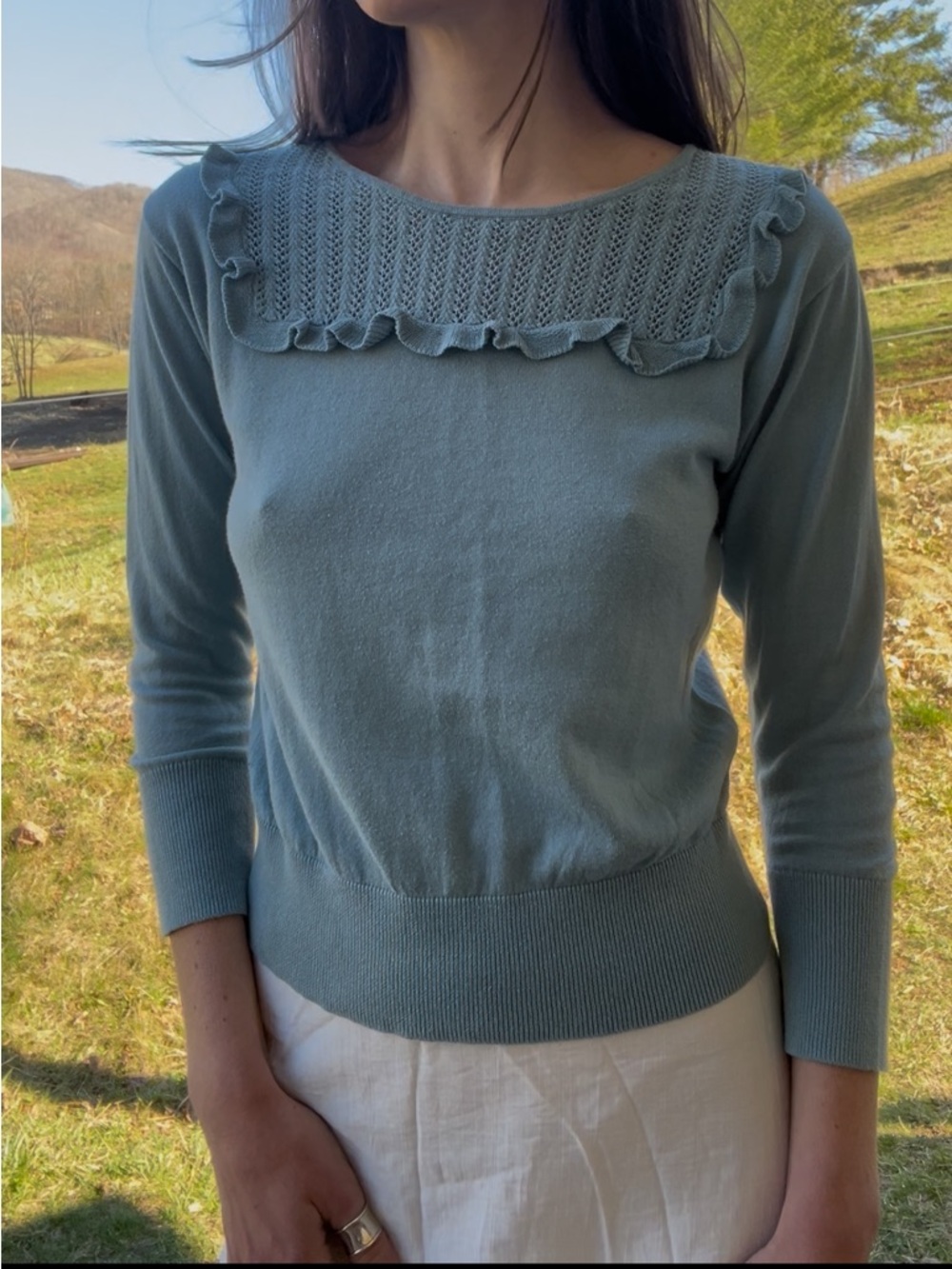 Cottagecore Ruffle Sweater - Dusty Blue - Vintage Inspired, EUC, Small, Feminine